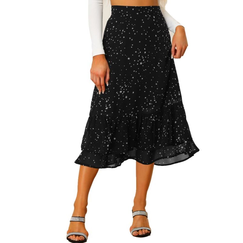 Allegra K Black Star Print Midi Skirt